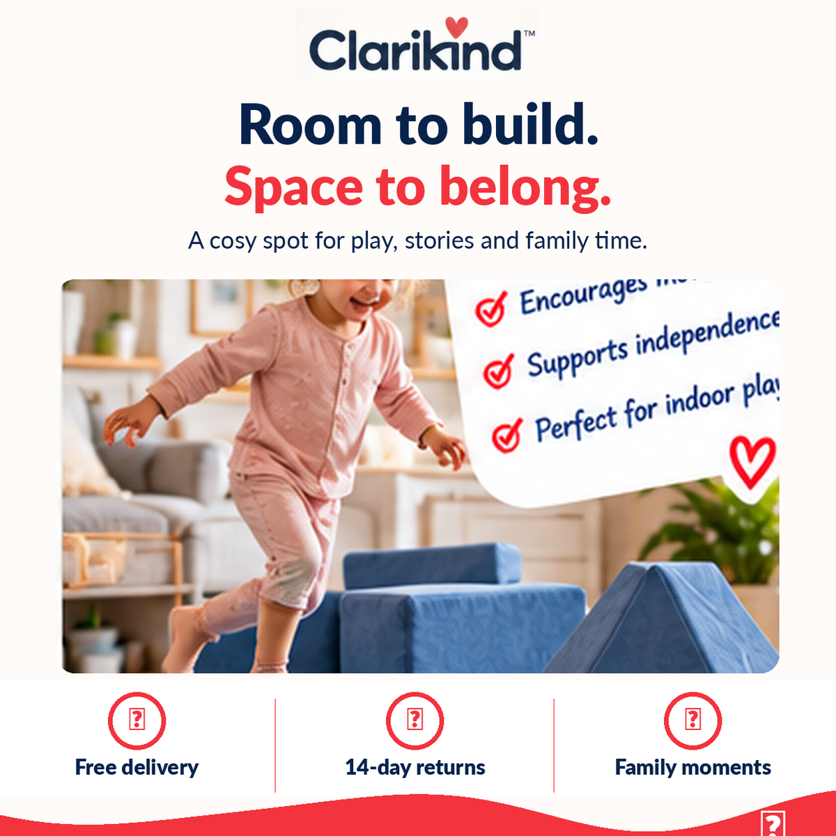Blue modular play couch for children's creative play with Clarikind delivery and returns information