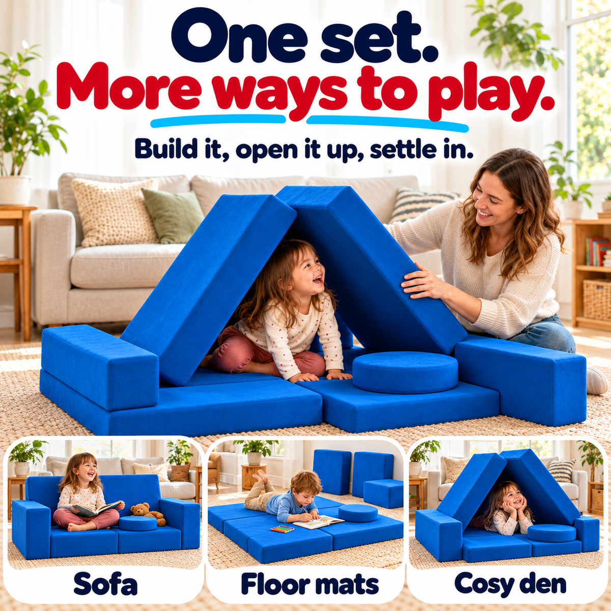 Blue modular play couch used as a sofa, floor mats and a cosy den