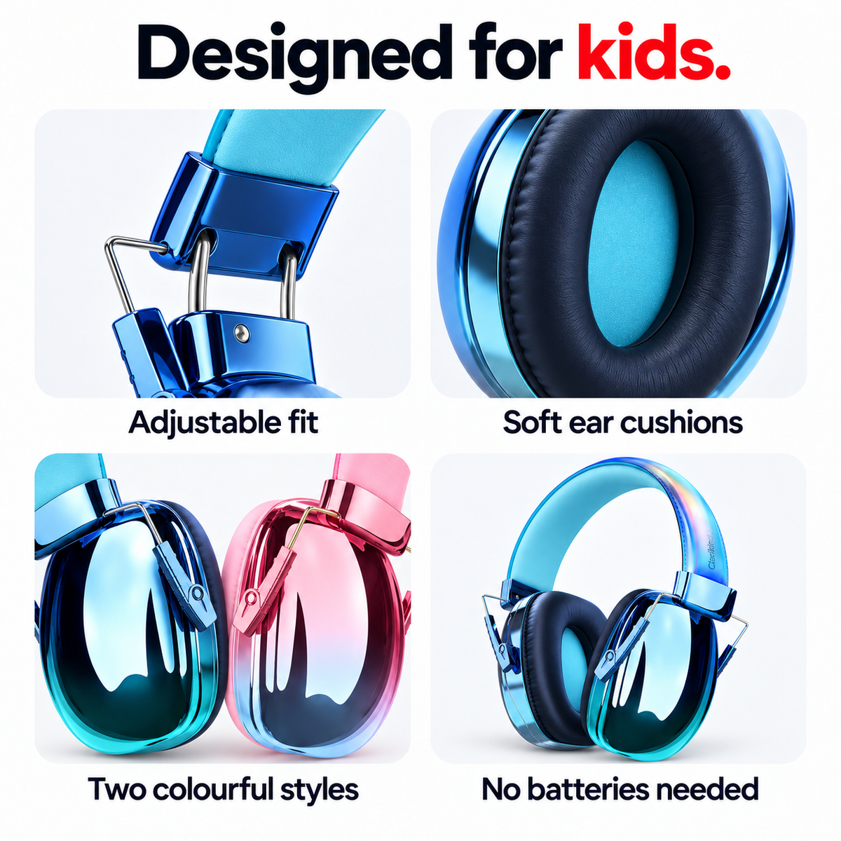 Blue kids ear defenders details: padded adjustable headband and soft ear cups
