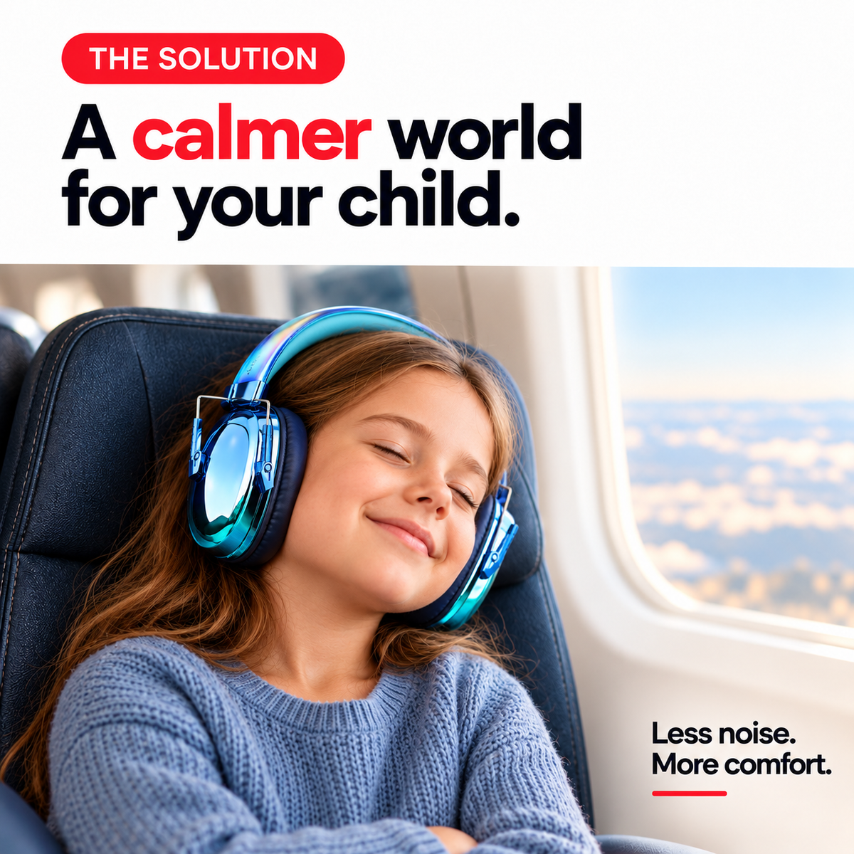 Child wearing blue padded ear defenders to stay in a noisy place with less sound