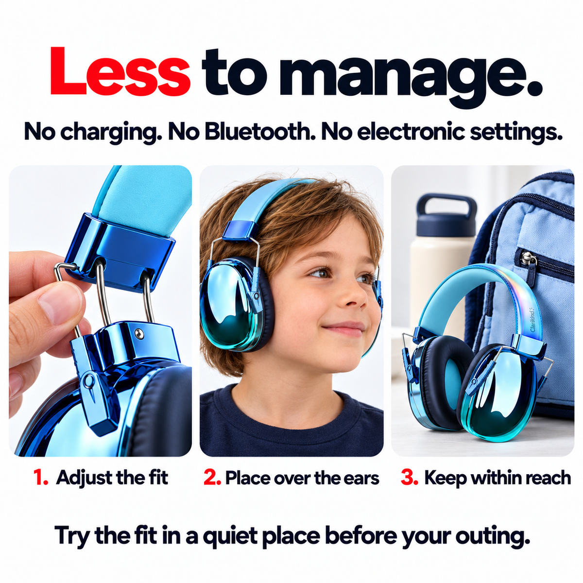Kids ear defenders: adjust the fit, place over ears, keep within reach. No charging or Bluetooth