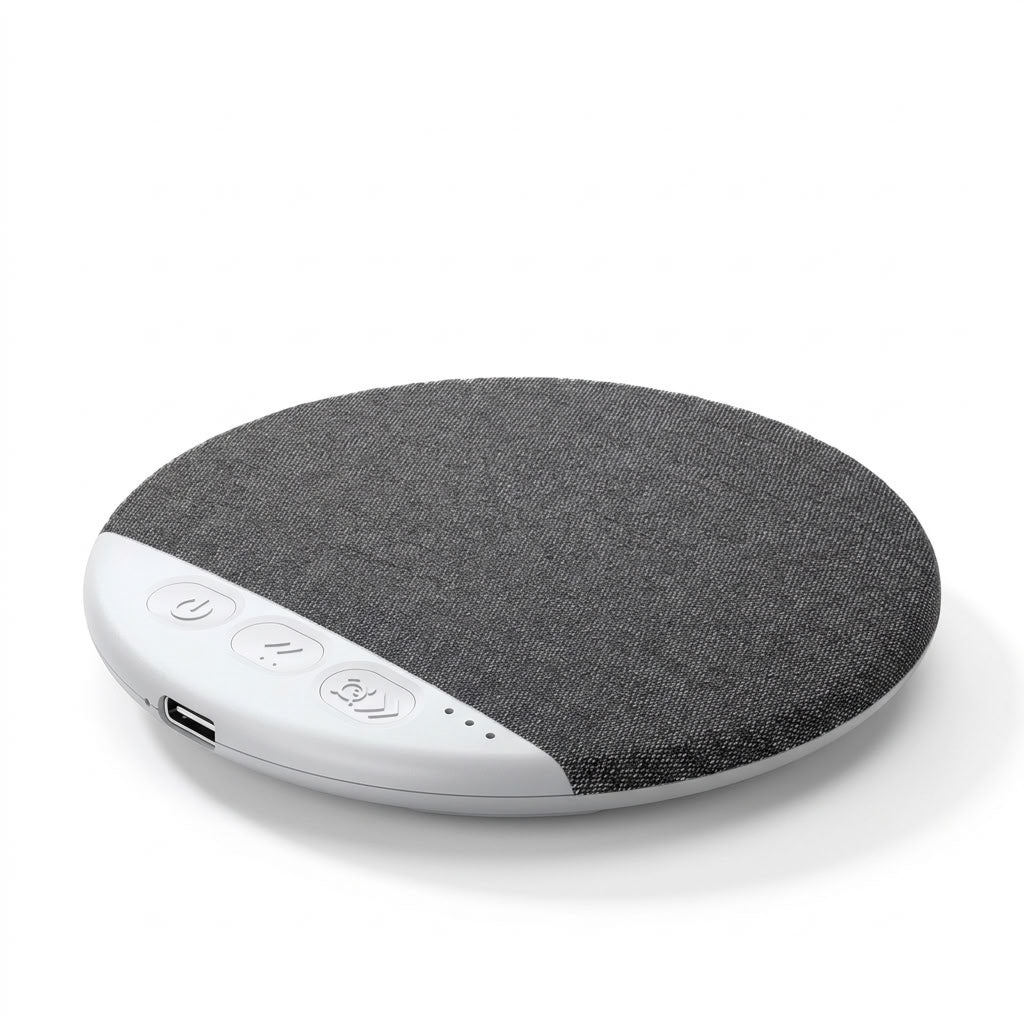Black Bluetooth sleep speaker with sound timer on a white background