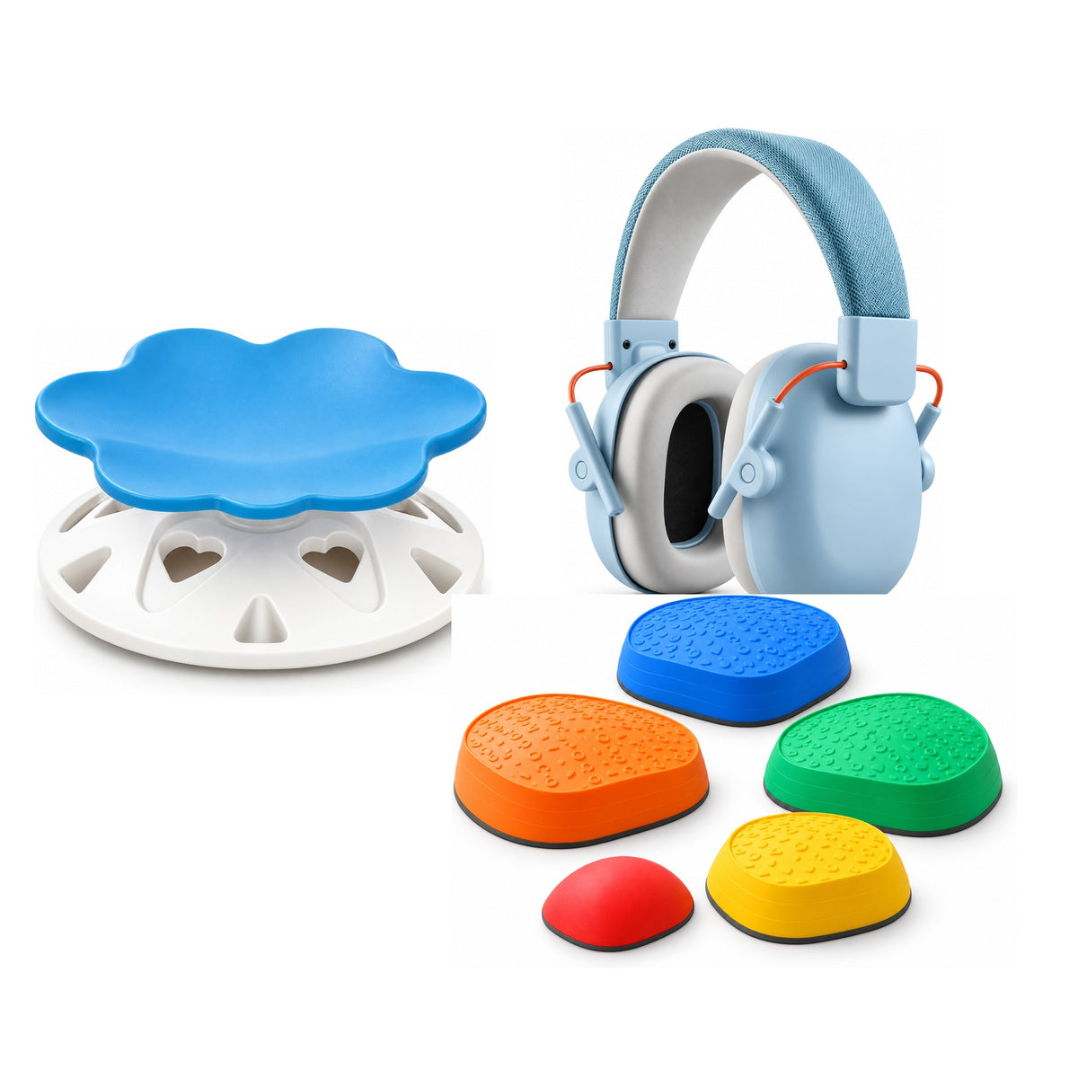 Clarikind Calm and Regulation System with Spin Seat Ear Defenders and sensory stepping stones on white background