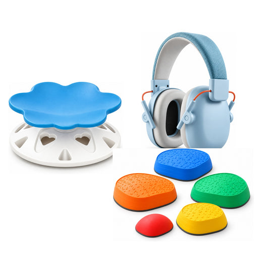 Clarikind Calm and Regulation System with Spin Seat Ear Defenders and sensory stepping stones on white background