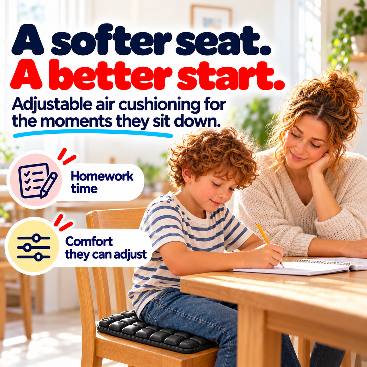 Child doing homework seated on a black adjustable air cushion