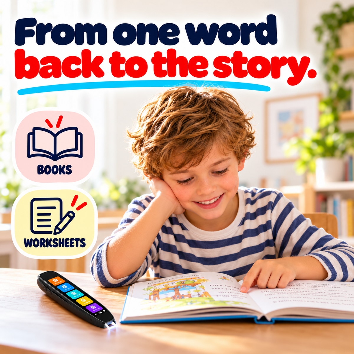 Child reading a printed storybook beside the black reading scanner pen