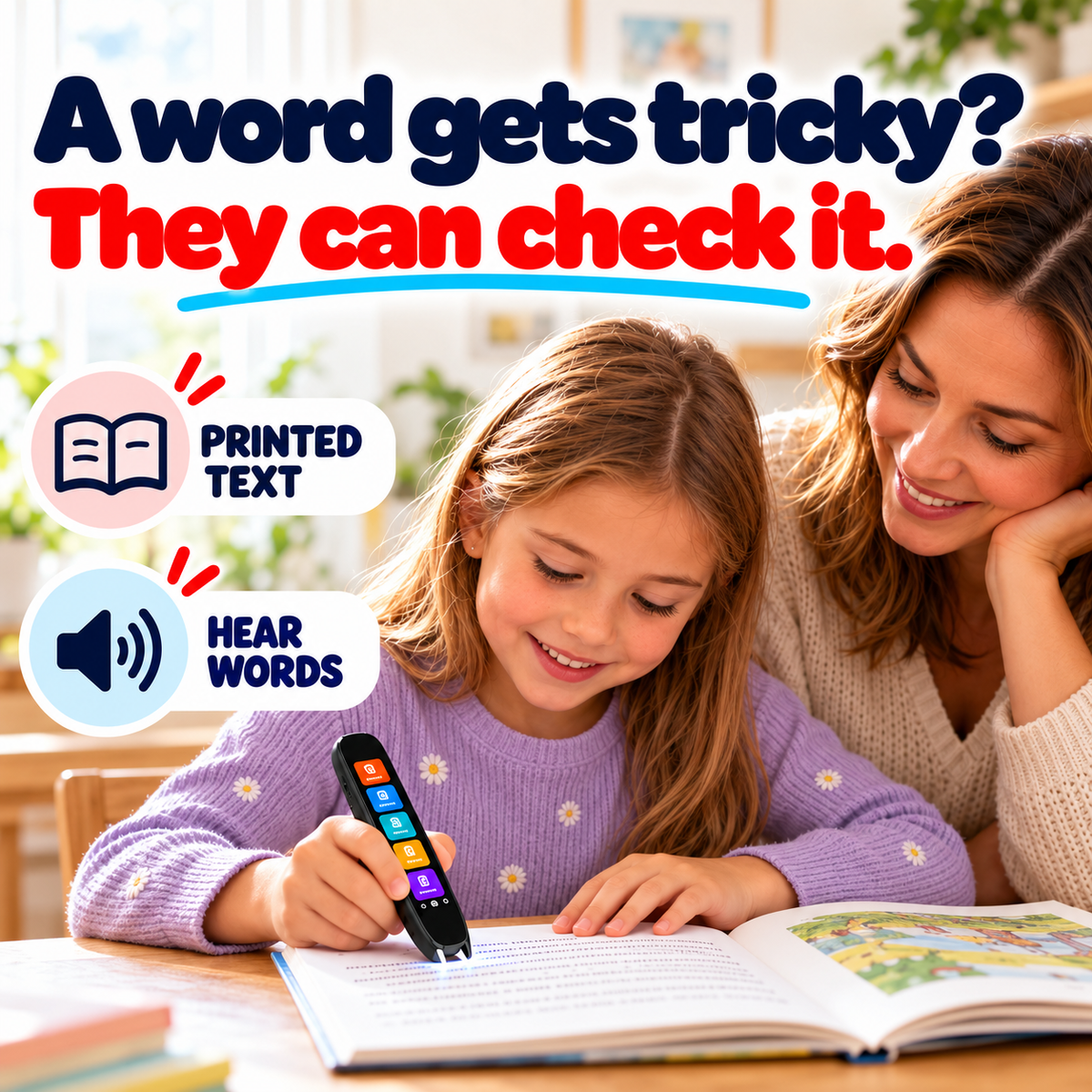 Child scans printed text with a black reading pen and listens to the words