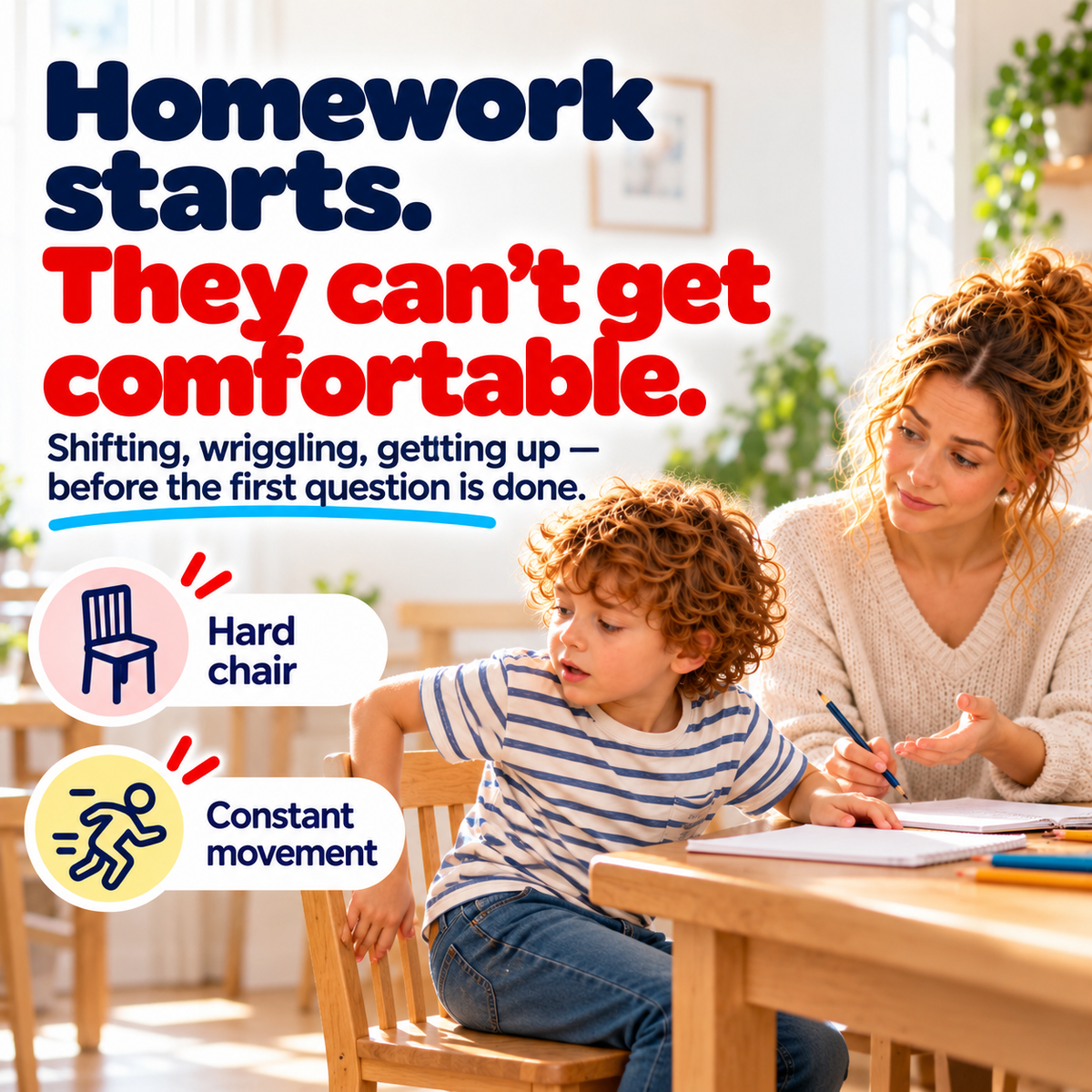 Child struggling to get comfortable on a hard chair during homework