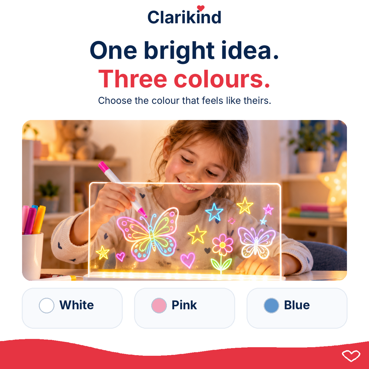 Clarikind light up drawing board for kids shown in a creative home setting, with white, pink and blue colour options