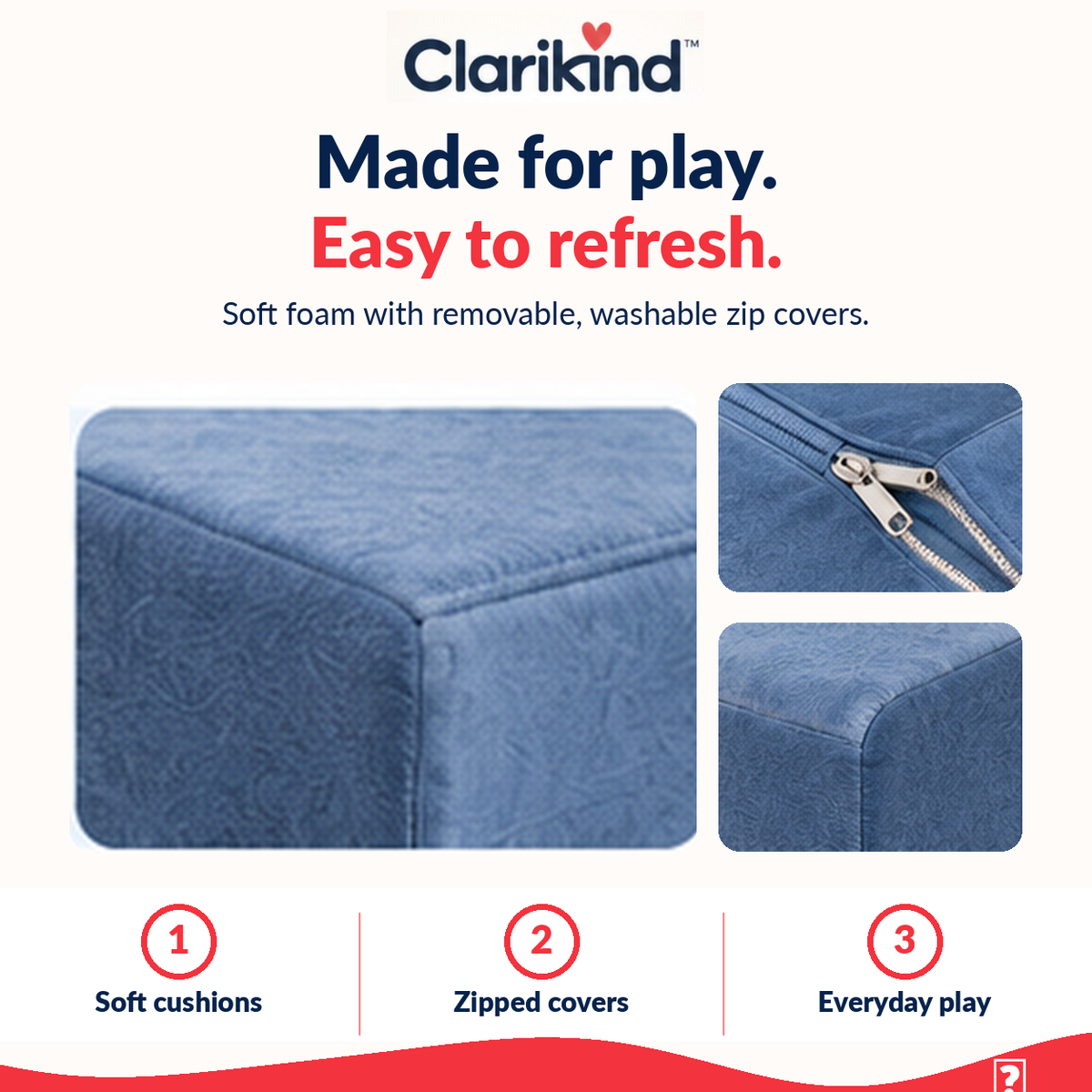 Close-up of soft blue modular play couch upholstery, seams and washable zip cover