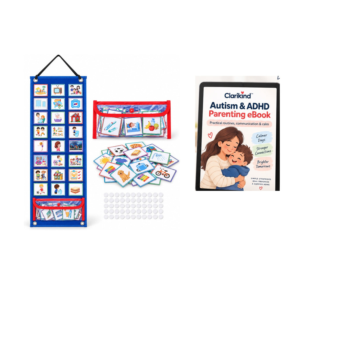Clarikind Communicate What I Need System with Visual Board and Autism ADHD parenting eBook on white background