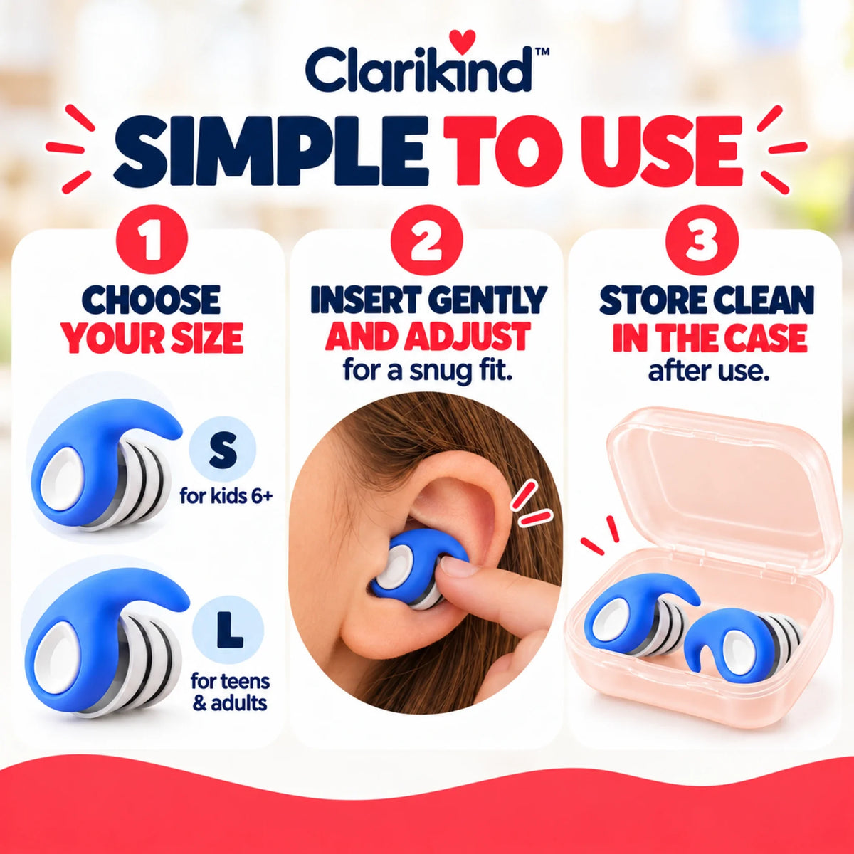 How to choose S or L earplug size and gently insert and store Clarikind noise reducing earplugs