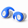 Blue reusable noise reducing earplugs for kids, single pair on white background