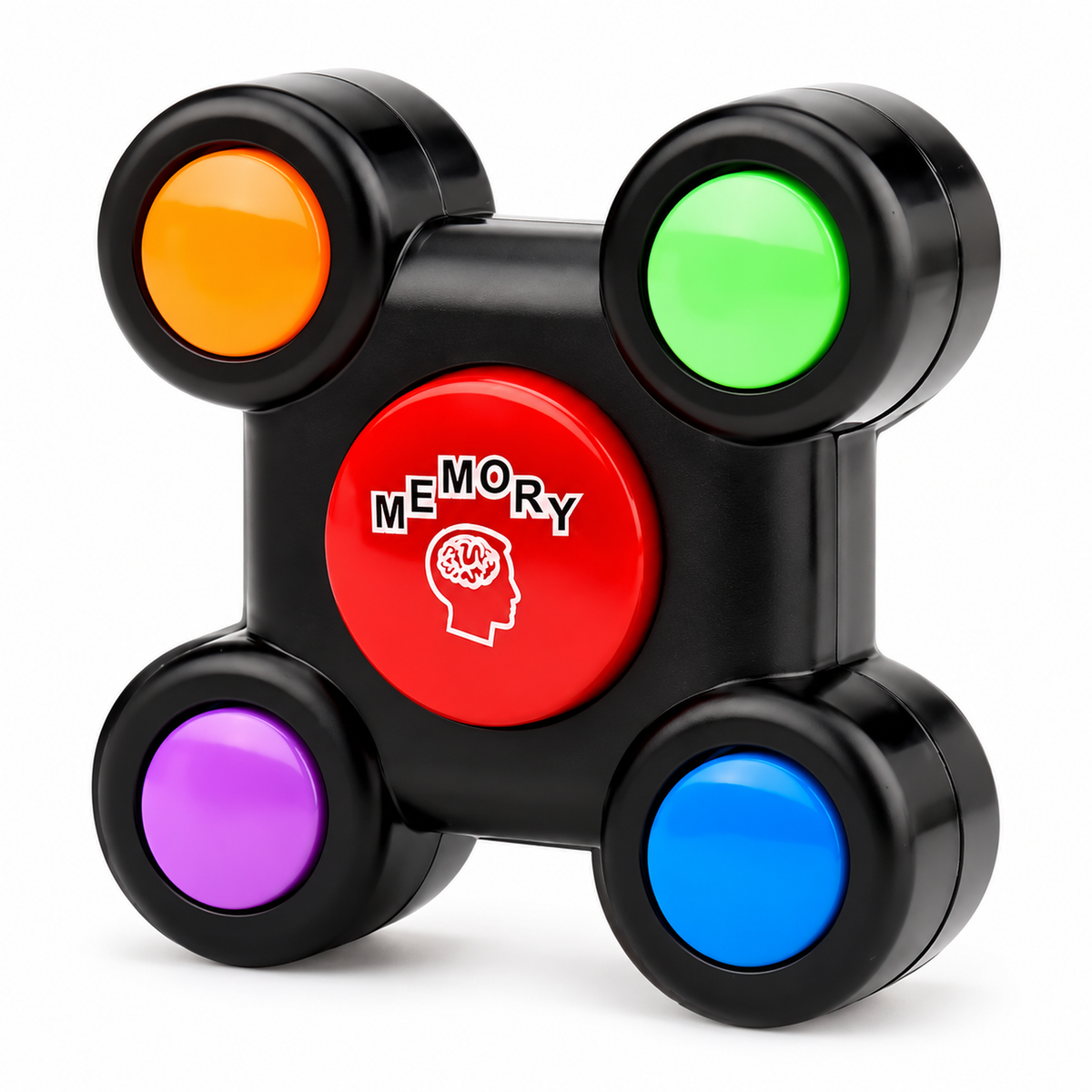 Electronic memory game with orange, green, purple and blue buttons on white background