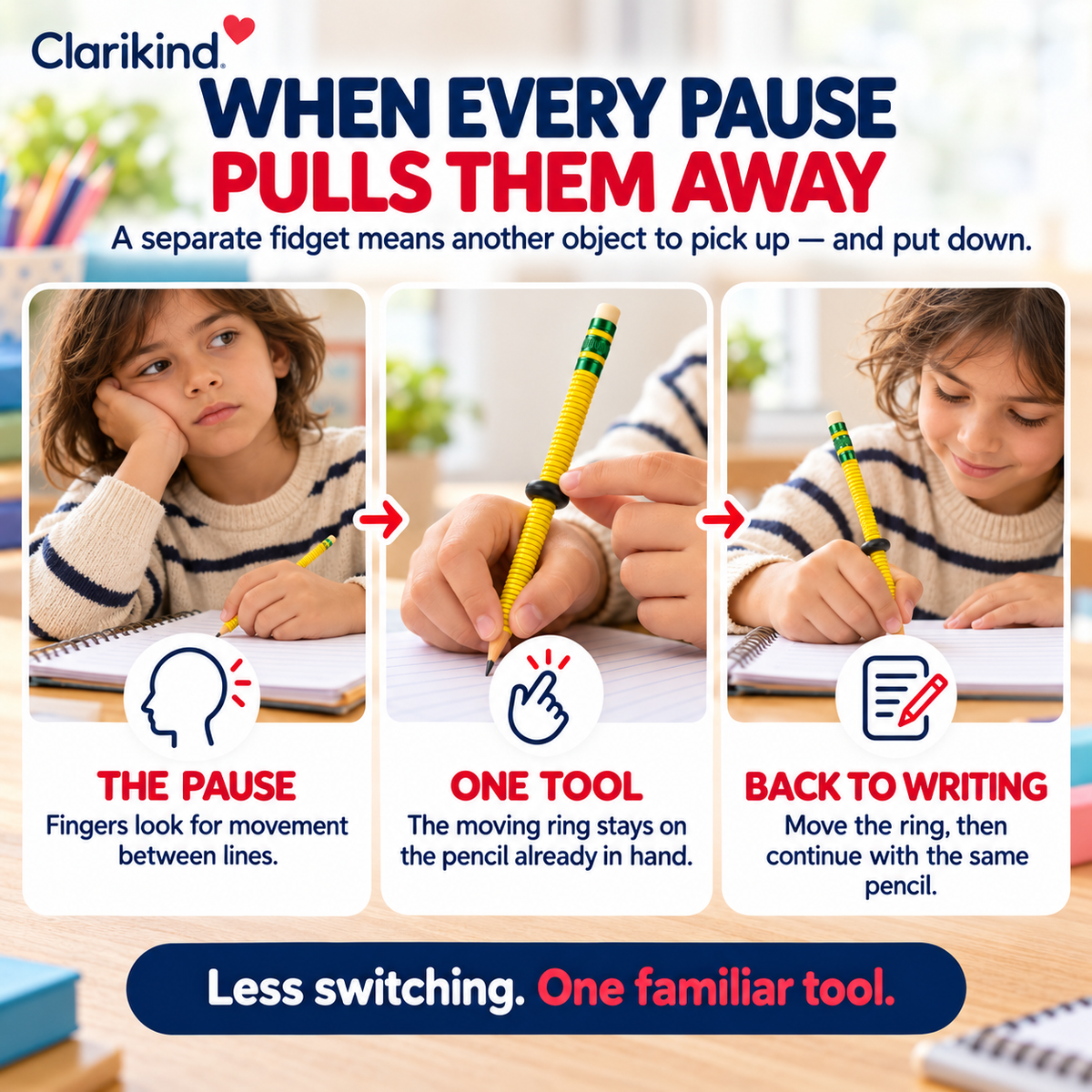 Fidget pencil: the moving ring keeps busy fingers on the same pencil between lines