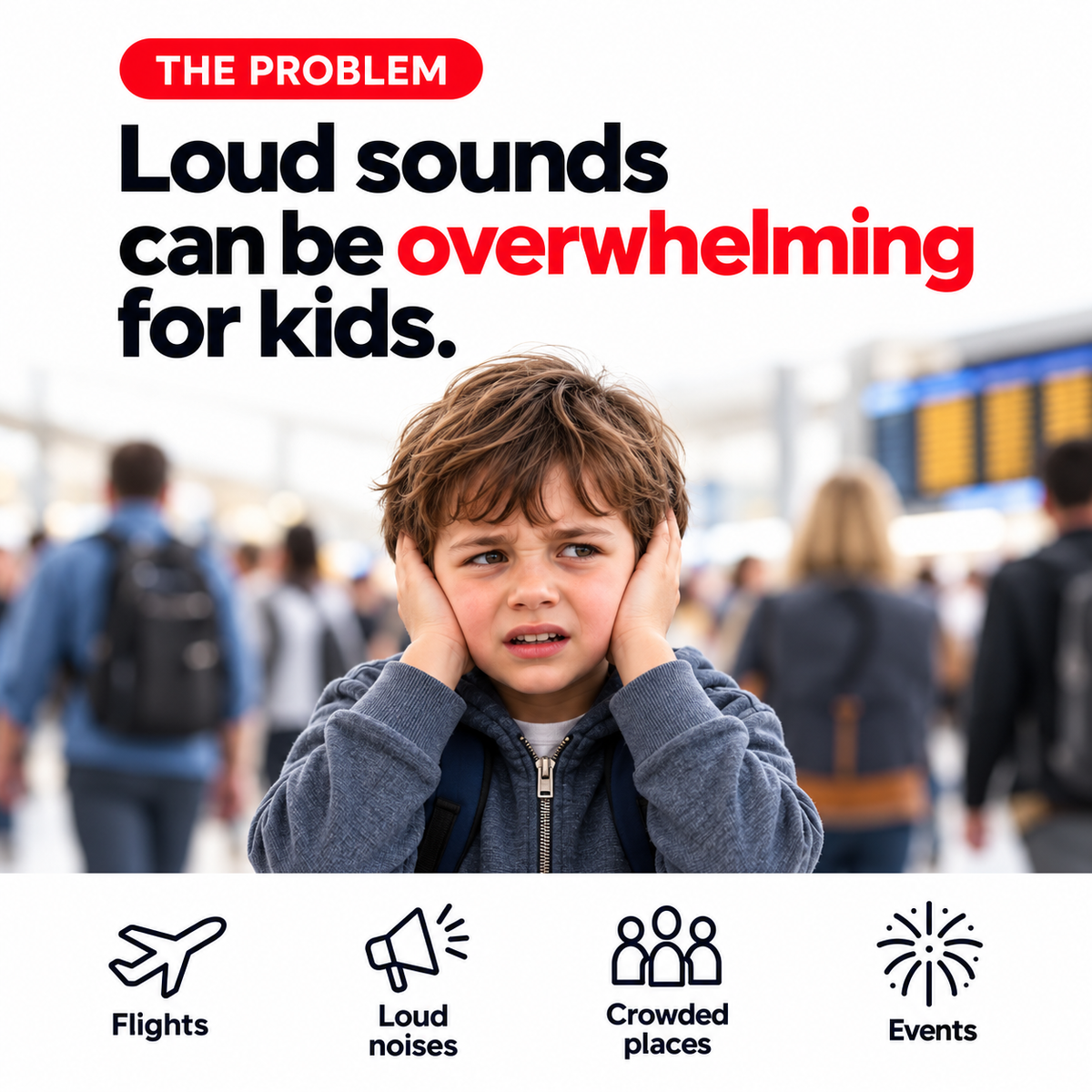 Child covering their ears in a crowded, loud place before using kids ear defenders