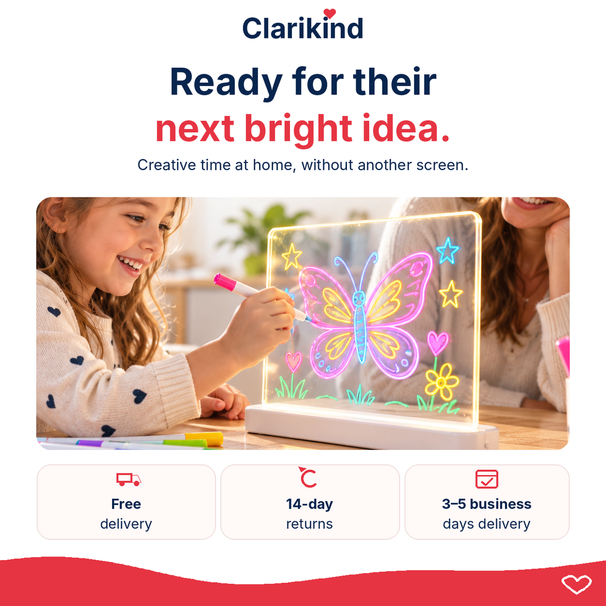 Girl drawing on a rechargeable LED board with Clarikind free delivery, 3–5 business day delivery and 14-day returns
