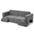 Grey eight-piece modular play sofa for kids with two half-moon cushions on a plain white background