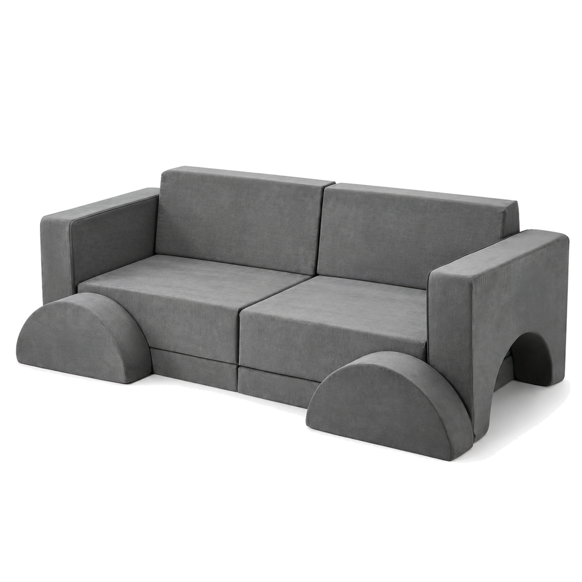 Grey eight-piece modular play sofa for kids with two half-moon cushions on a plain white background