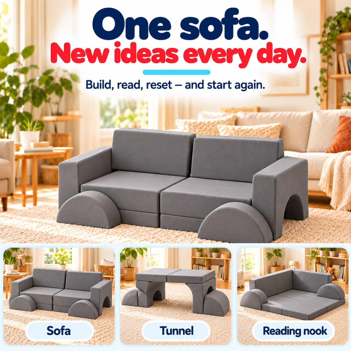 Grey modular play sofa arranged as a sofa, a tunnel and a reading nook