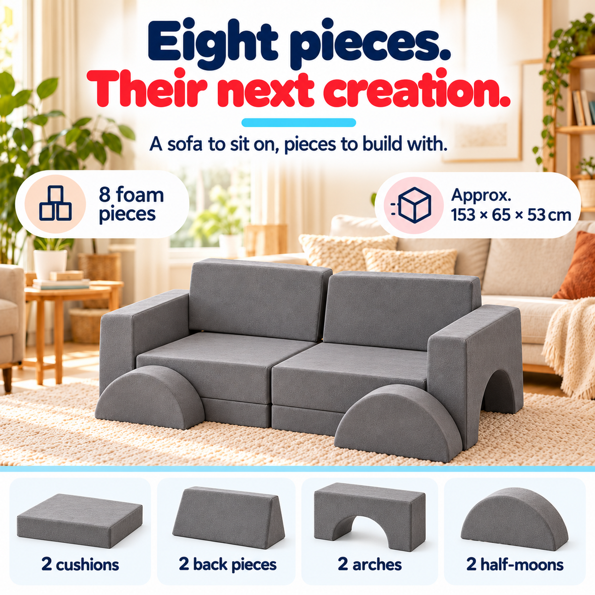 Grey modular play sofa with eight pieces: two cushions, two back pieces, two arches, two half-moon pieces