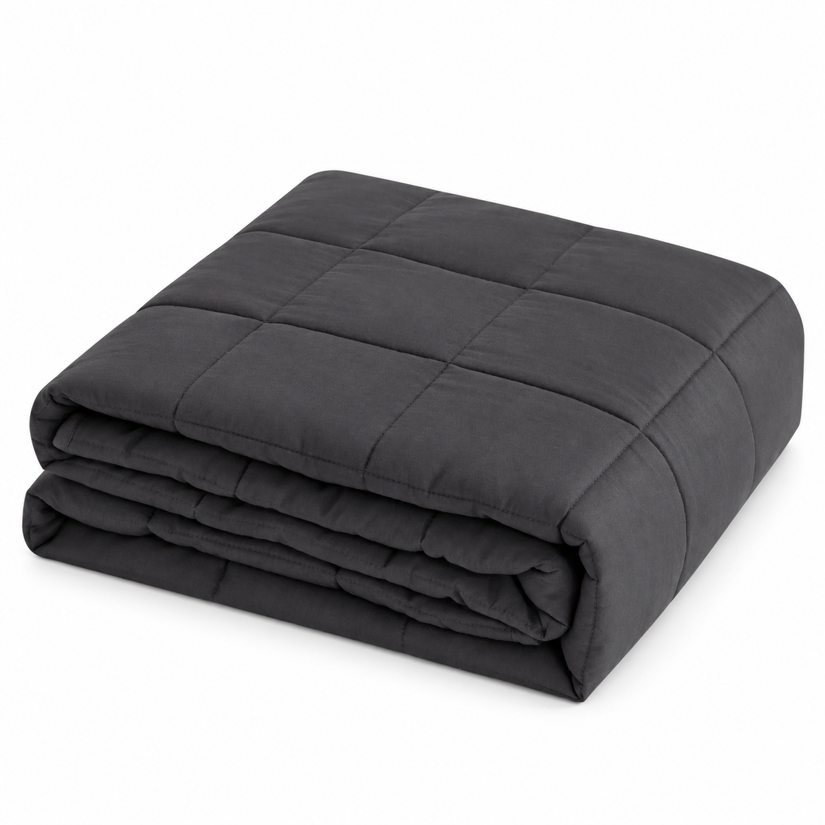 Grey weighted blanket for adults, folded to show the square quilting, on a white background