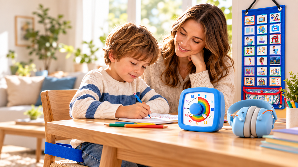 Child and parent using visual and sensory supports during a calm homework moment at home