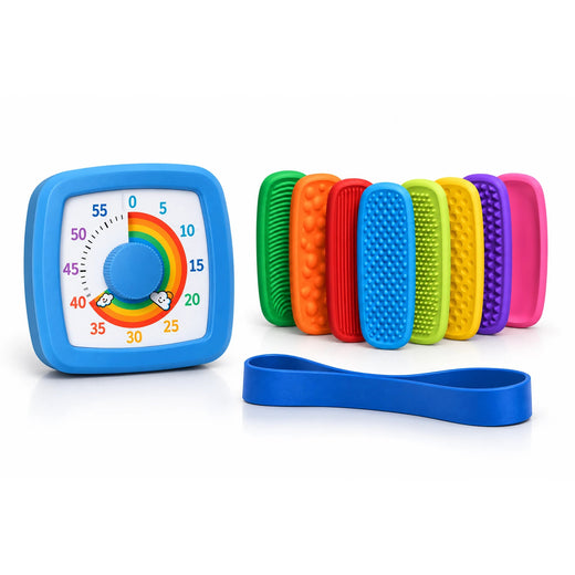 Homework routine kit for kids: visual timer, chair band and sensory strips on white background