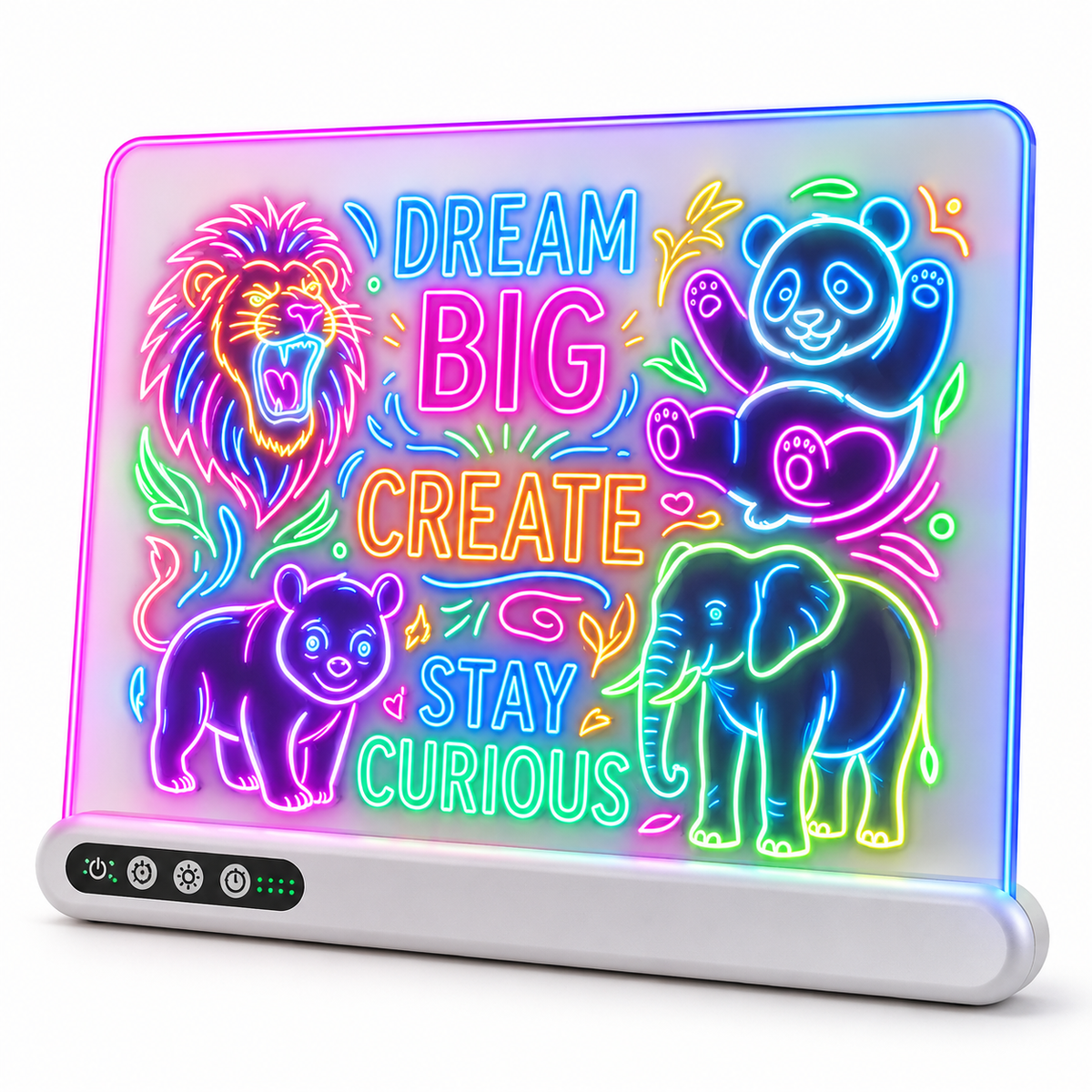 Light up drawing board for kids glowing with colourful animal drawings, on a white background