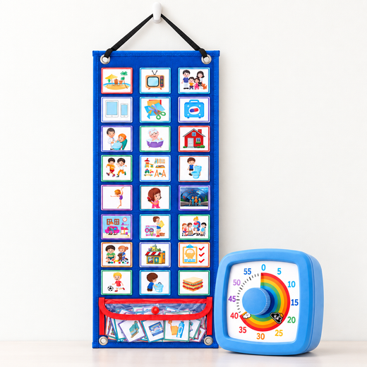 Morning routine chart and visual timer set for kids on a light background