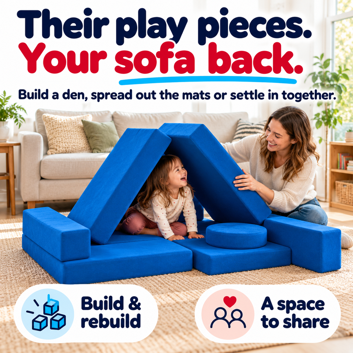 Parent and child arranging the blue play couch pieces as a den