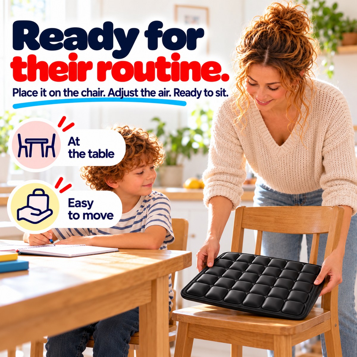 Parent placing black inflatable seat cushion on a chair for child's daily routine