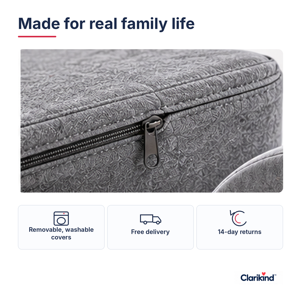 Promotional close-up of grey play sofa zip cover with removable washable covers, free delivery and 14-day returns