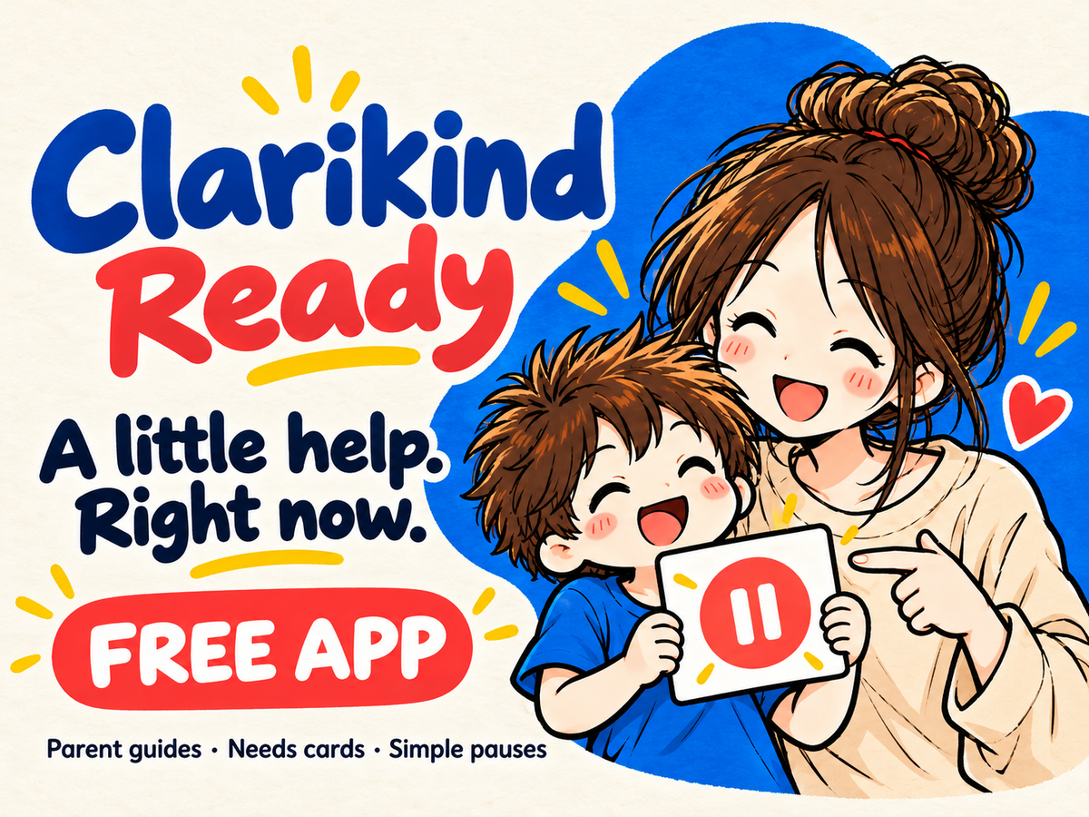 Clarikind Ready free app — illustrated parent and child with a pause card