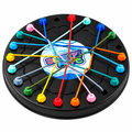 Rope untangling puzzle: black circular board with multicoloured cords on white background