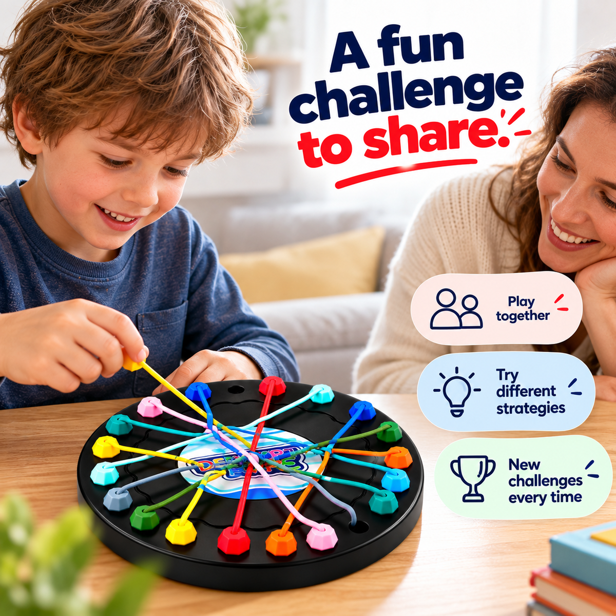 Child and adult sharing the Clarikind rope untangling puzzle at a table