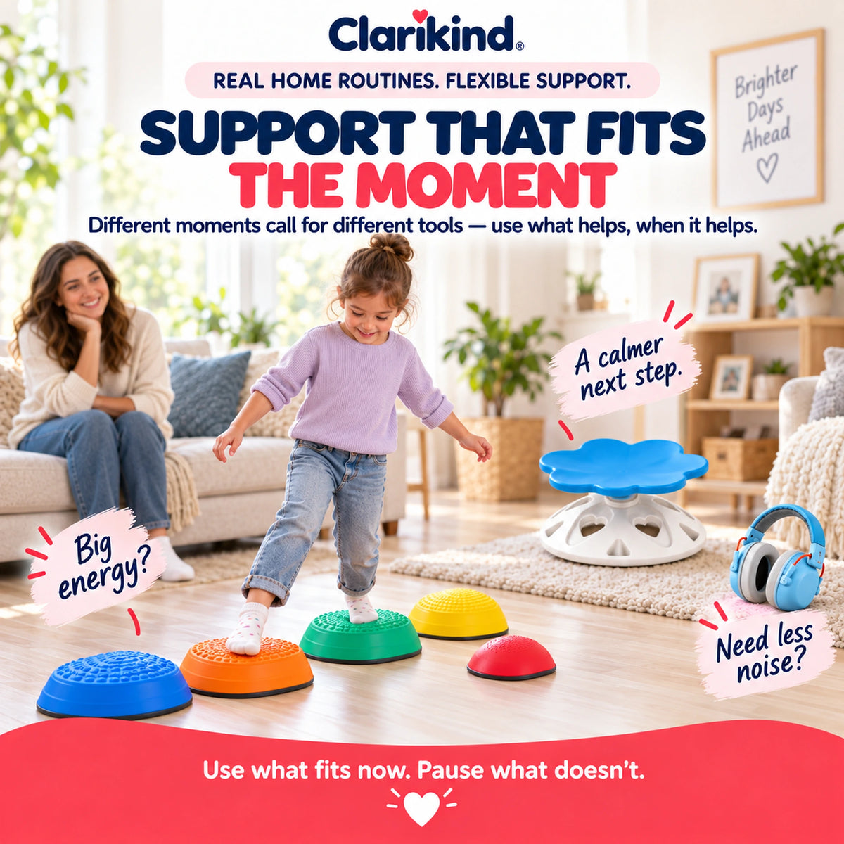 Sensory kit used at home with stepping stones, spinning chair and kids ear defenders