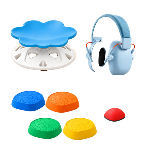 Sensory kit for kids: spinning chair, QuietGuard ear defenders and stepping stones