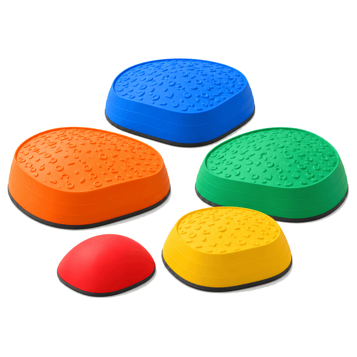 Clarikind five-piece sensory stepping stones: four textured coloured stones and a small smooth red piece on white.