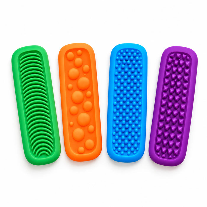 Four tactile sensory strips for kids: green ridges, orange circles, blue bumps and purple texture