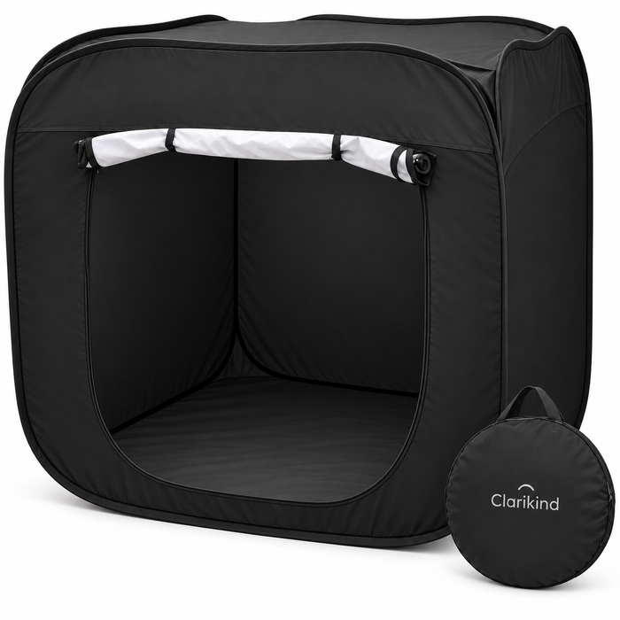 Black Clarikind pop-up sensory tent for kids with branded carry bag on a white background