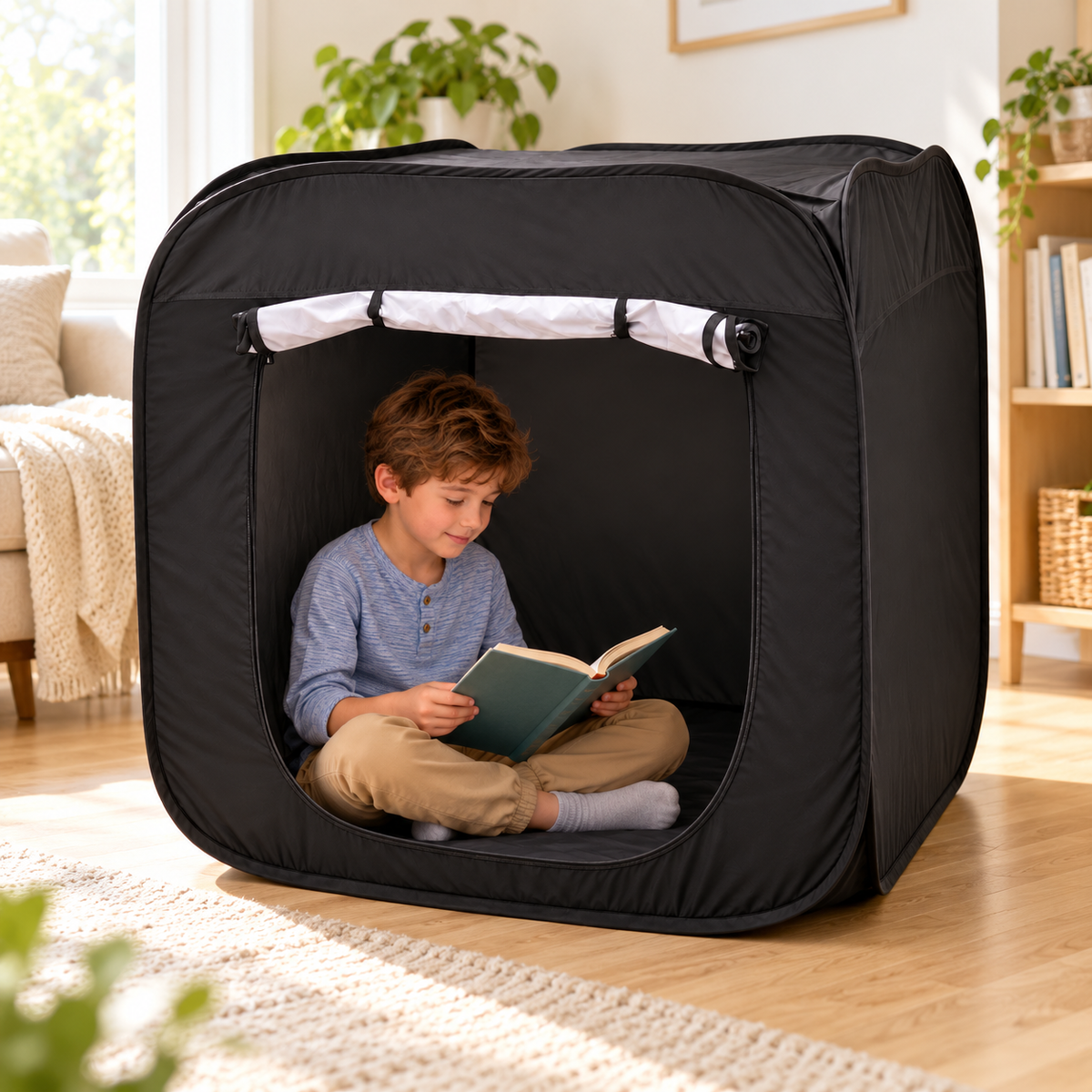 Child using Clarikind black sensory tent as a quiet corner at home