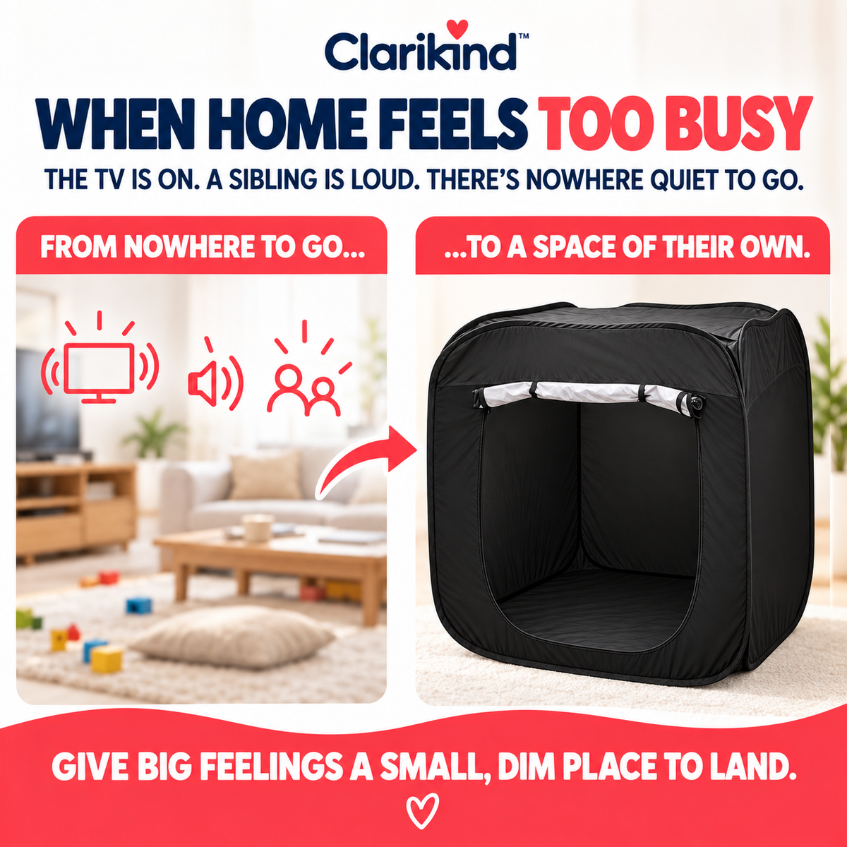 Clarikind sensory tent showing a clear place to go when home feels busy