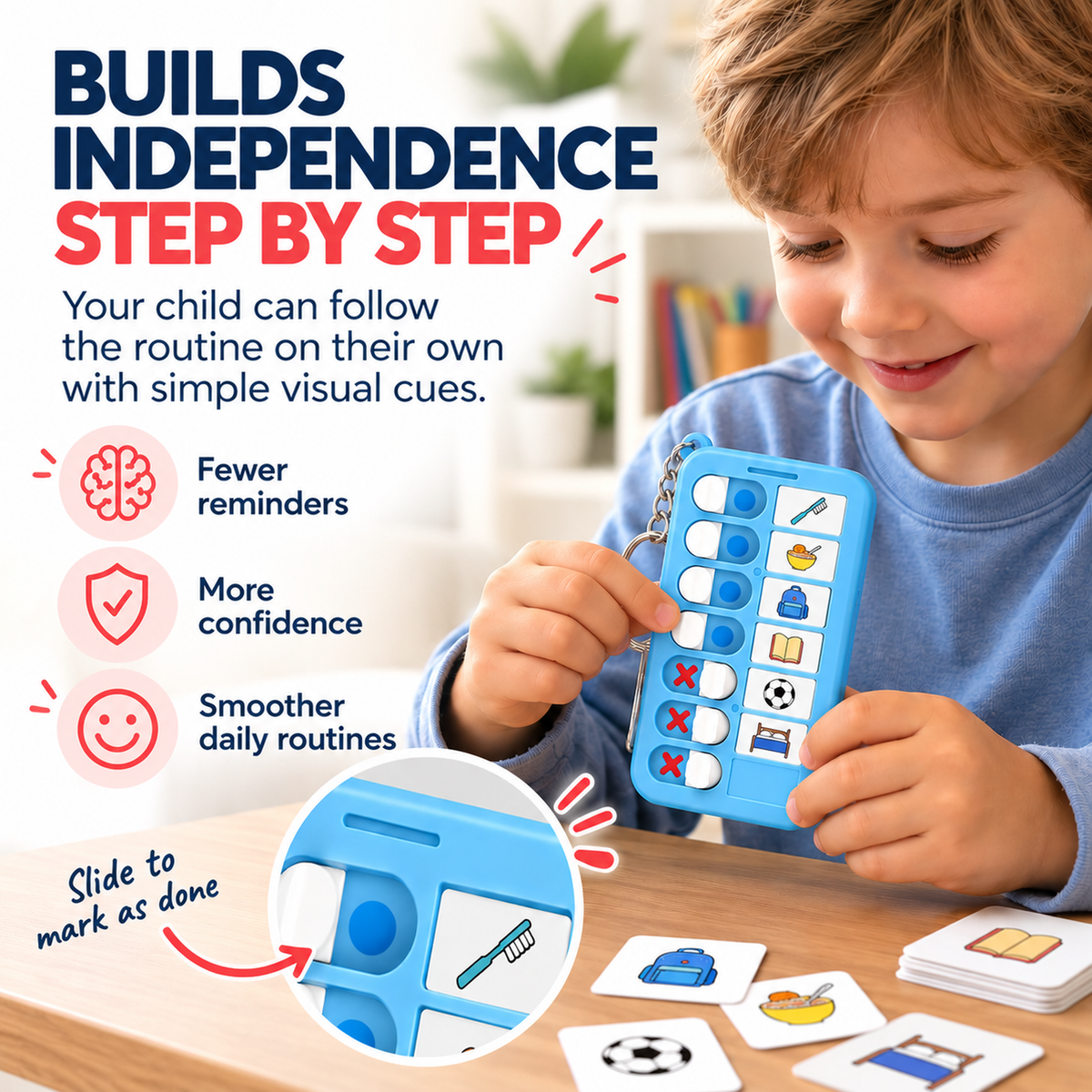 Child using the Clarikind Sliding Checklist to follow a routine and mark steps as completed