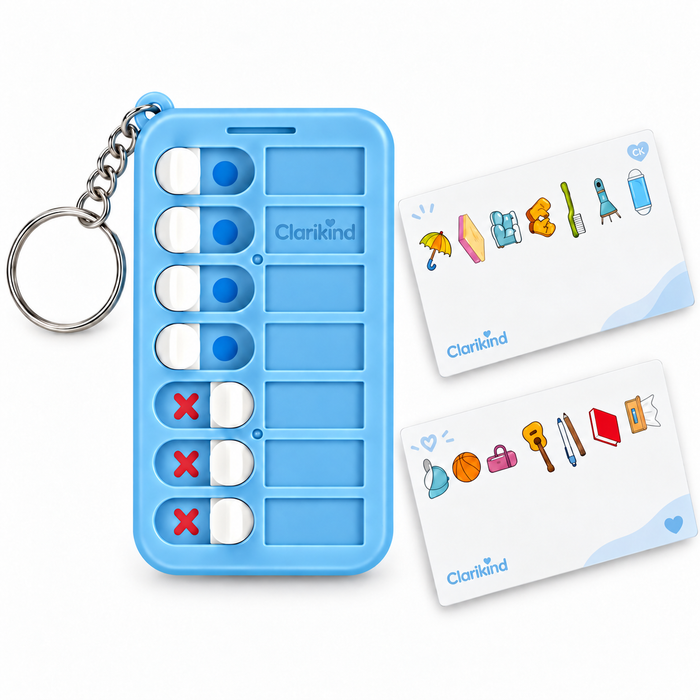 Blue sliding checklist for kids with seven sliders, keyring and routine cards on white