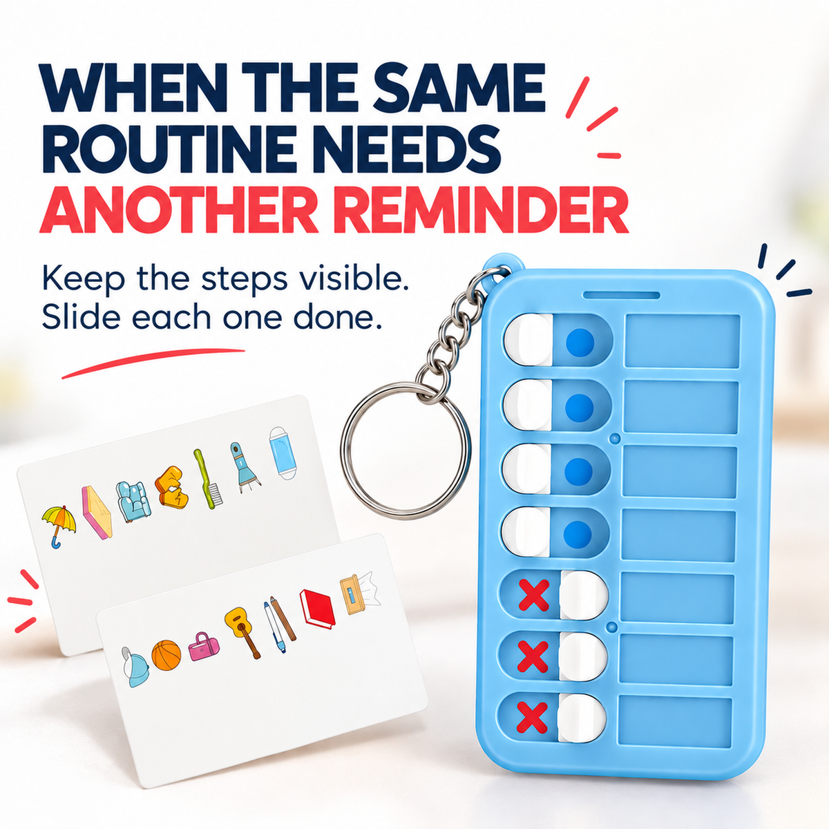 Clarikind Sliding Checklist for Kids showing a visible routine when repeated reminders are needed