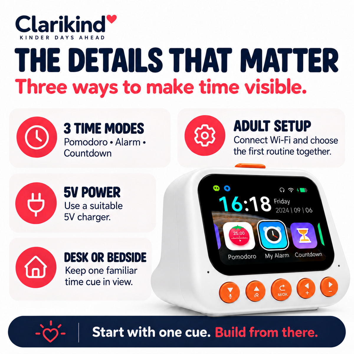 Clarikind smart alarm clock for kids quick facts showing Pomodoro, alarm, countdown, 5V power and desk or bedside use