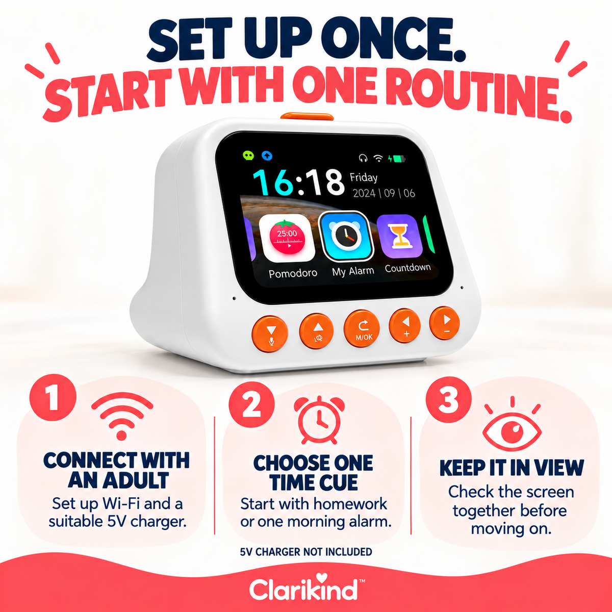 Three-step setup for the Clarikind smart alarm clock for kids with adult Wi-Fi setup and visible time cues
