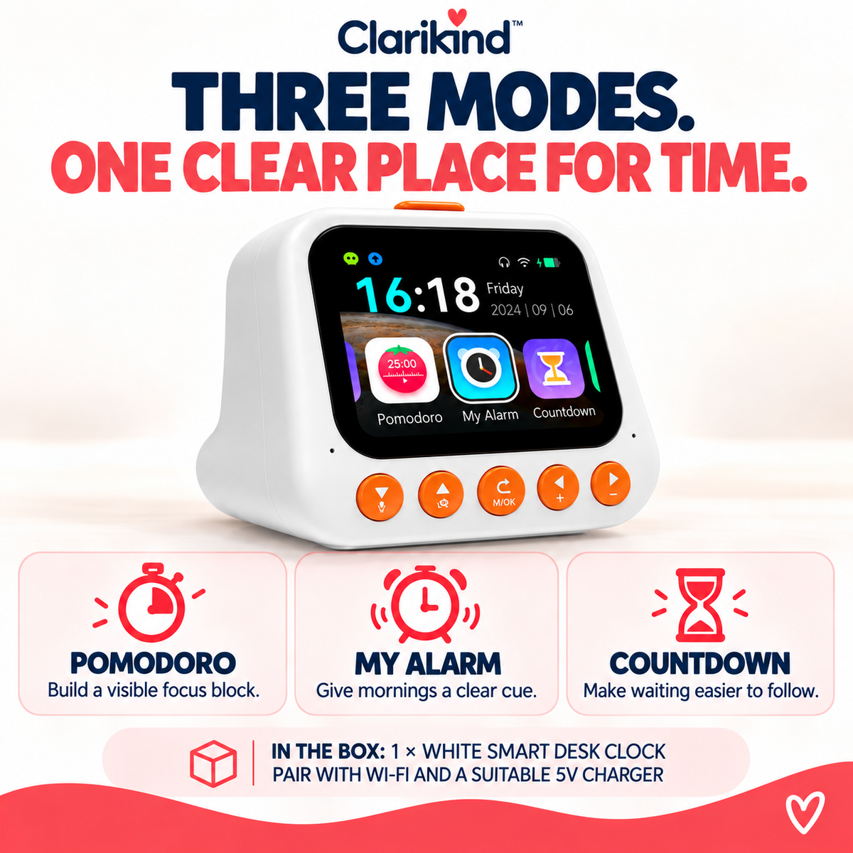 Clarikind smart alarm clock for kids showing Pomodoro, alarm and countdown modes