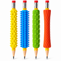 Four textured pencil grips in yellow, blue, green and red on pencils, white background